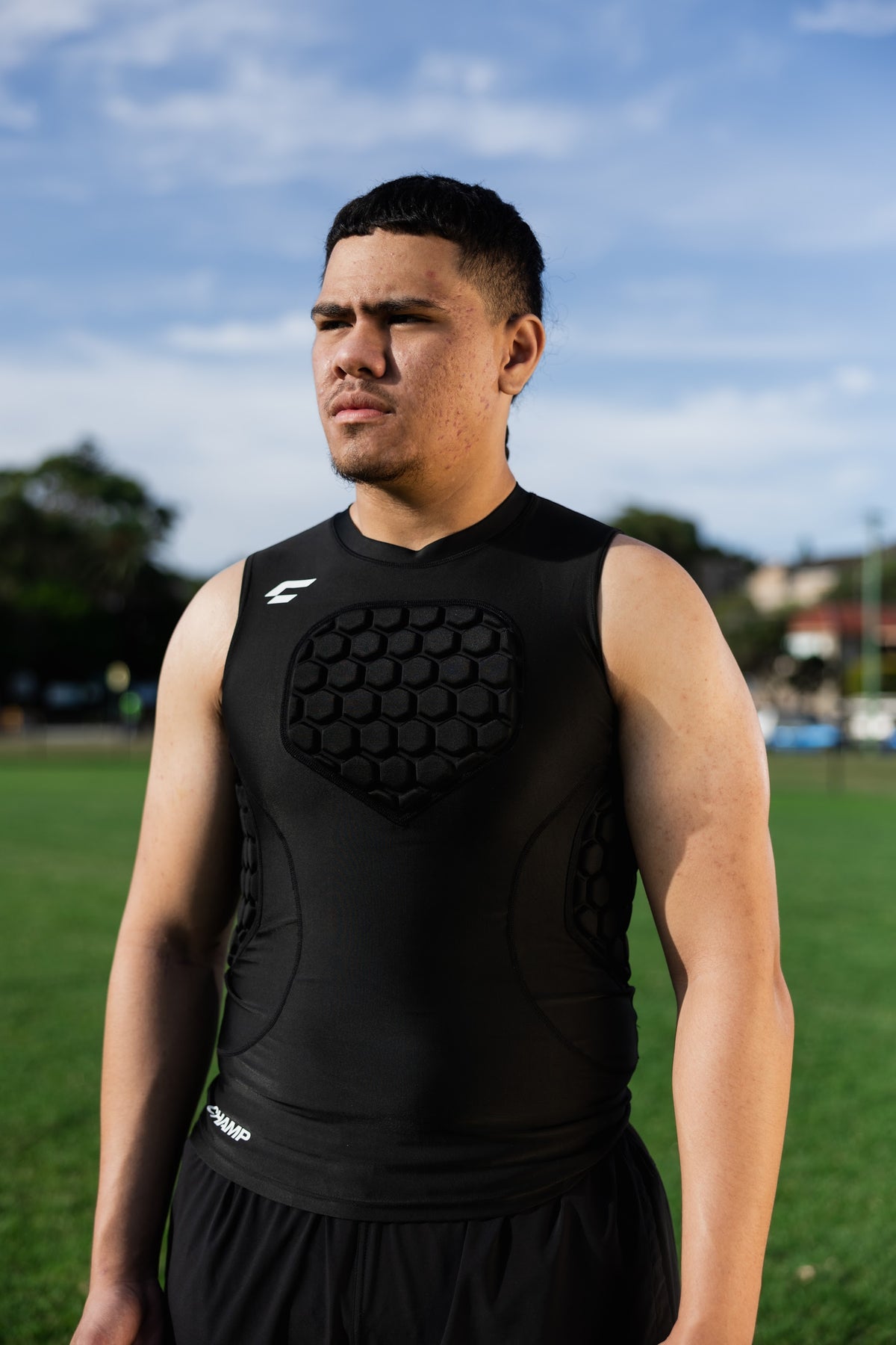 Rugby player wearing the CHAMP C1 Guard-Vest on the field