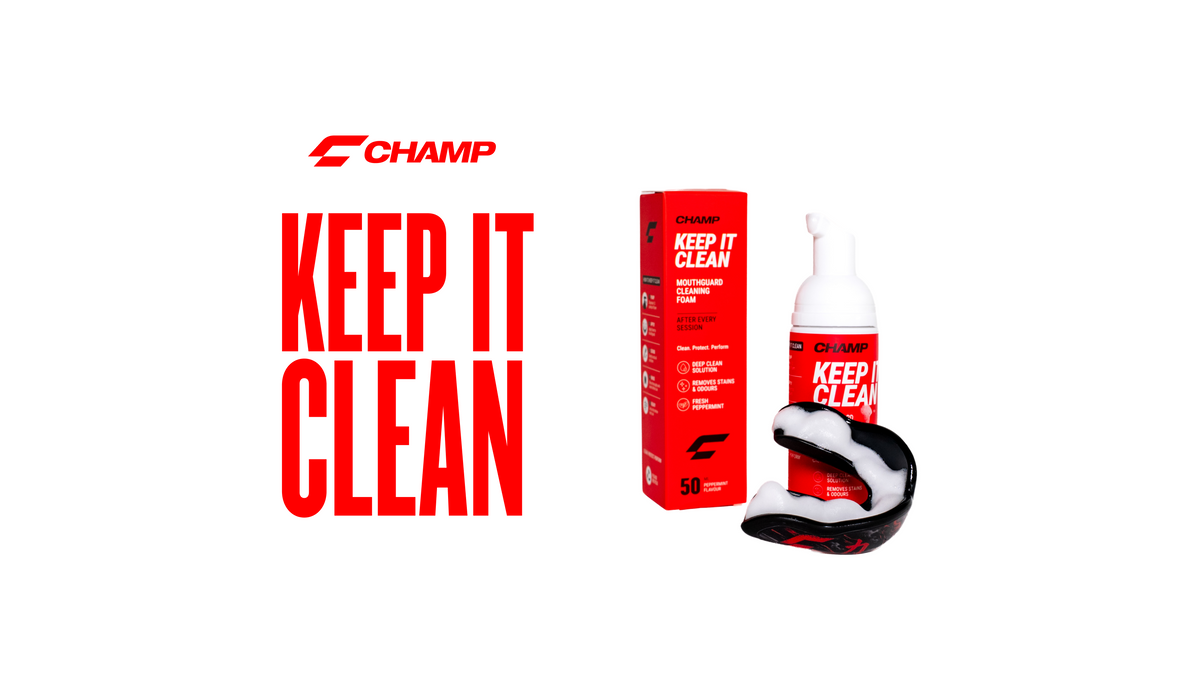 CHAMP Keep It Clean Foam being dispensed onto a mouthguard