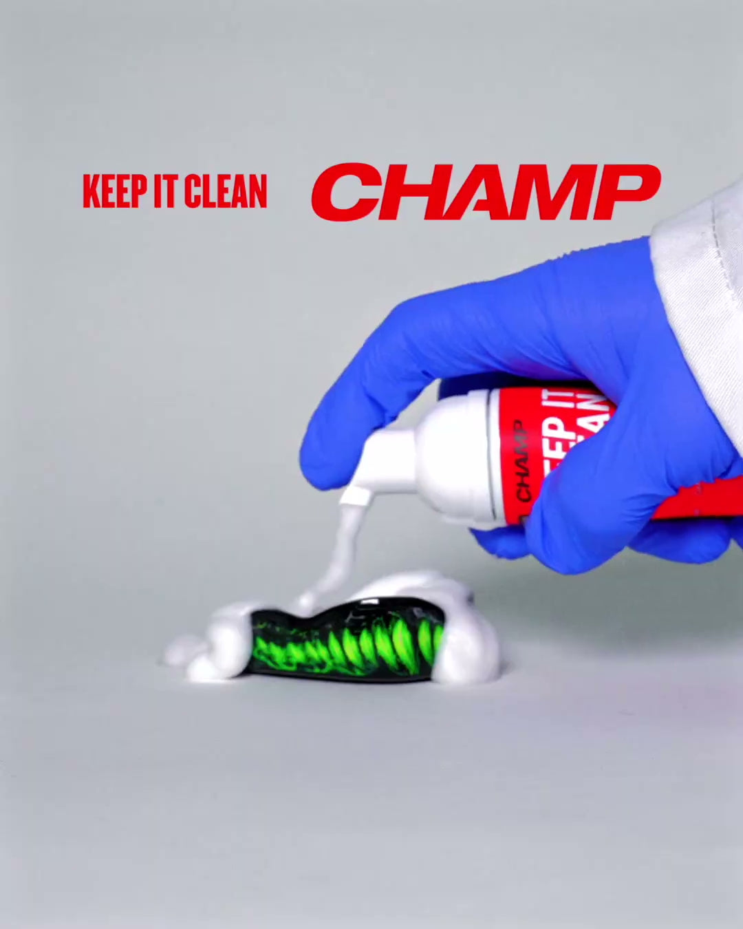CHAMP Keep It Clean Foam being dispensed onto a mouthguard