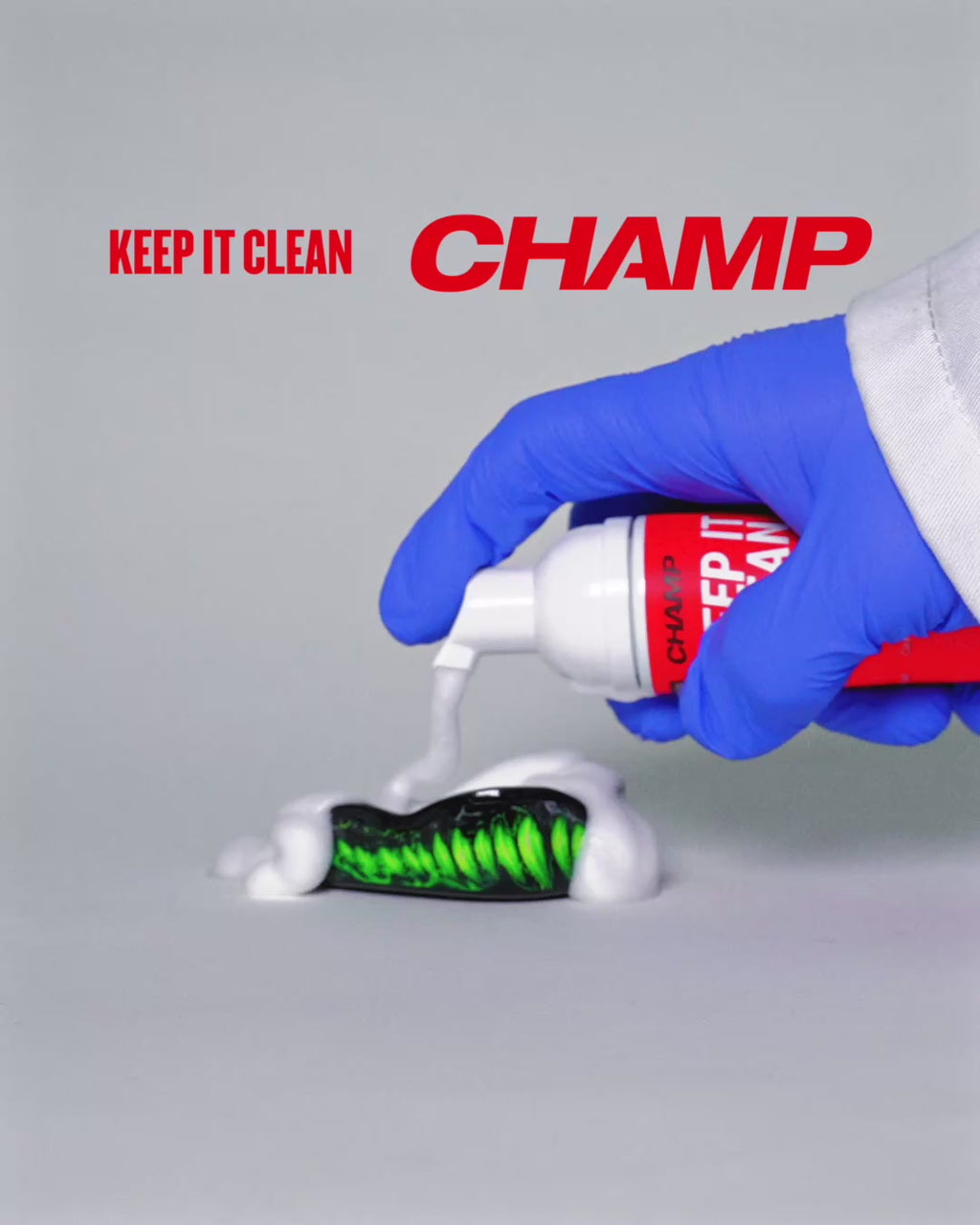 CHAMP Keep It Clean Cleaning Foam on a mouthguard